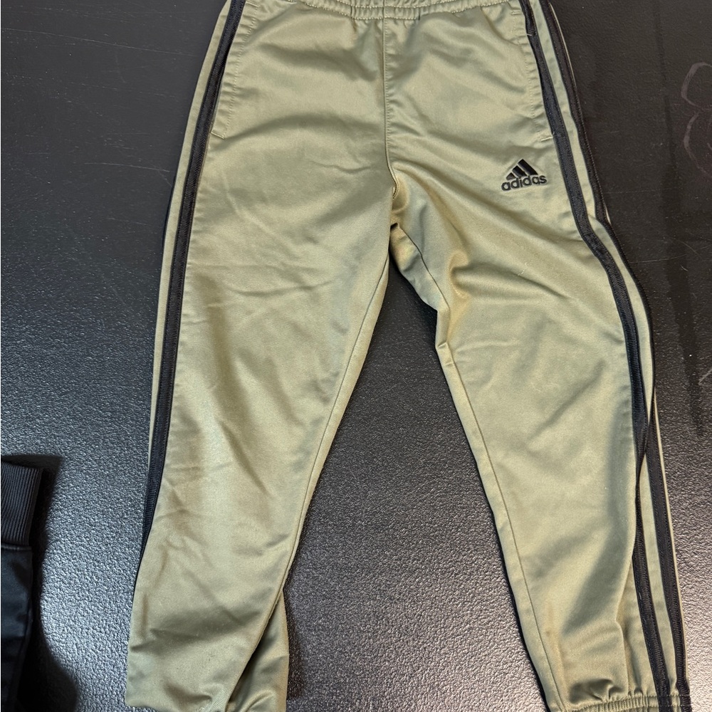 Adidas Boys Olive Green Track Pants with Black Stripes